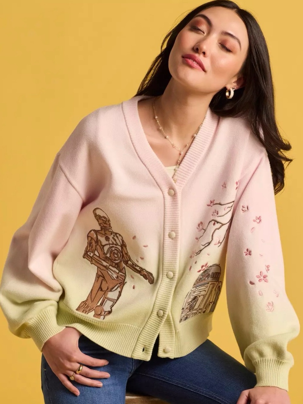 Her Universe Pink to Light Green Gradient Cardigan with Droid Embroidery - Picture 1 of 4
